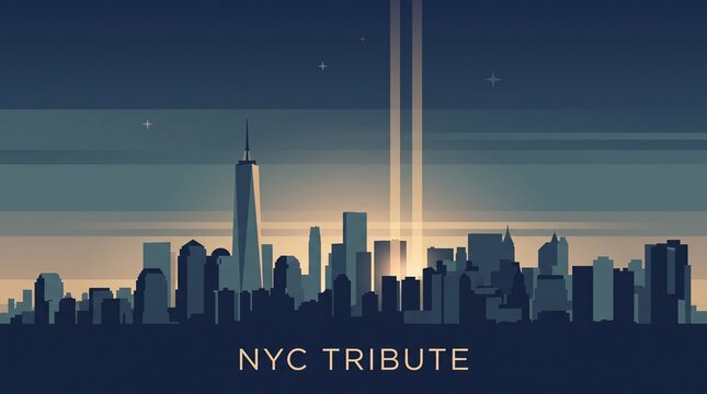 Minimalist flat vector modern city skyline with two vertical light beams at twilight, remembrance and memorial concept banner