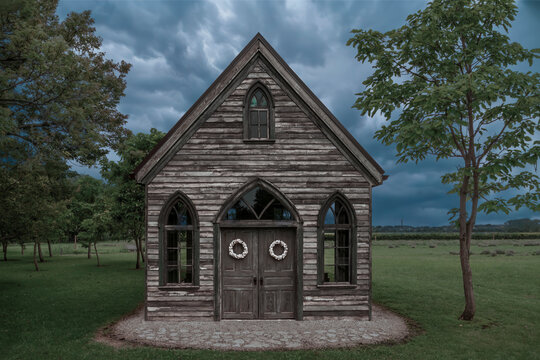 A charming wooden chapel, known as The Sanctuary on Pelee Island, Ontario, set against a dramatic sky.