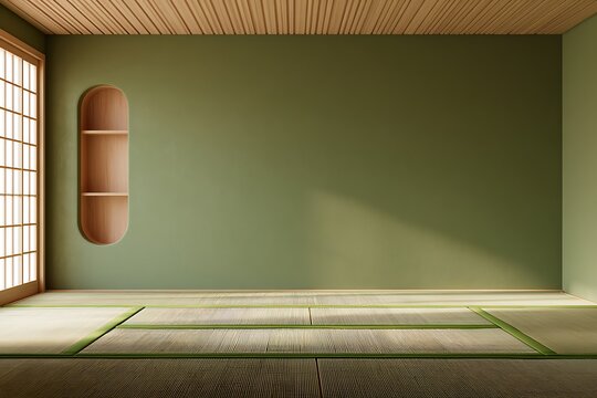 Traditional japanese tatami room with green walls, wooden slatted ceiling, shoji windows, and builtin wall shelf