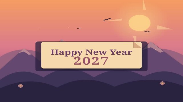 Happy new year 2027 greeting card featuring a beautiful flat minimalist landscape with glowing sun over rolling mountains and stylized flying birds captured in this elegant animated motion video foota