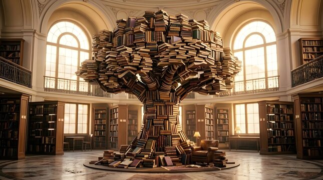 A magnificent tree sculpture made of old books inside a grand library