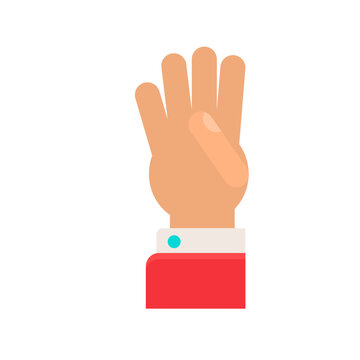 Hand showing four fingers count gesture flat vector icon illustration. Human hand four fingers raised up thumb folded red sleeve white cuff blue button UI element