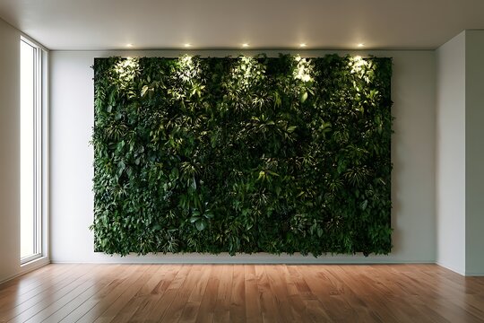 Modern interior wall featuring a lush vertical garden with dramatic spotlighting and wooden flooring in a minimalist room