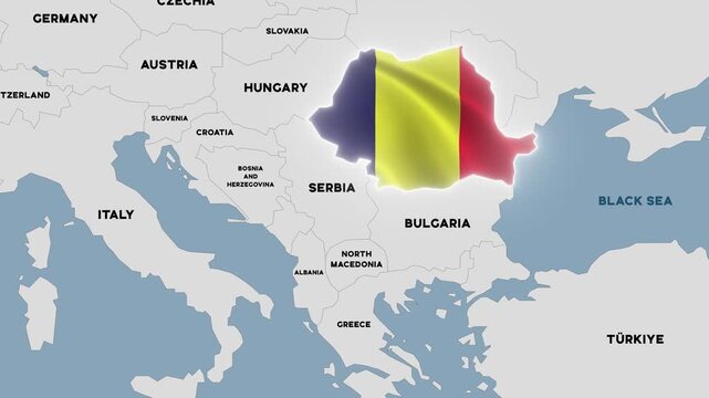 4K animation of a political map of Romania highlighted with the colors of the Romanian national flag