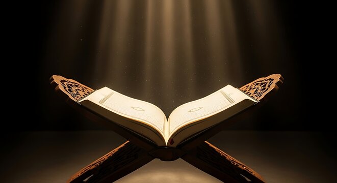 Holy book on wooden lectern stand.