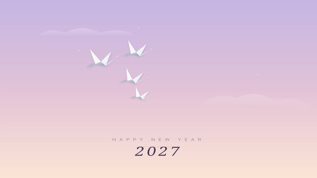 Minimalist happy new year 2027 greeting card with flying origami paper cranes against a soft pastel gradient sky background origami crane paper bird holiday