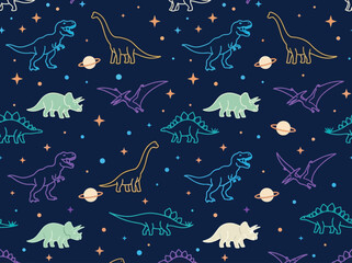 Neon Dinosaur Space Seamless Pattern with T-Rex and Planets © Chrish
