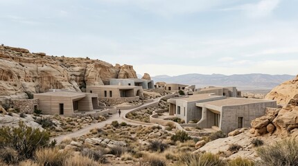 Obraz premium A modern architectural complex nestles into a rugged desert landscape.