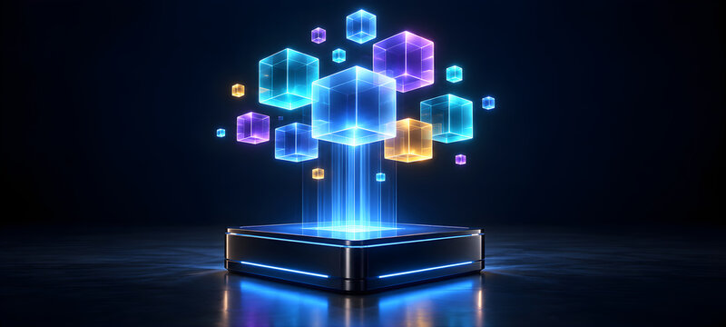 Futuristic Glowing Data Cubes Floating Above Platform for Cloud Computing and Big Data Technology Concept
