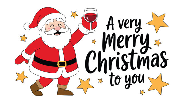 Cartoon Santa Claus raising a glass of red wine to celebrate Christmas joyfully