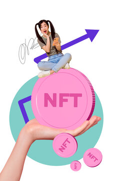 Composite trend artwork sketch image 3D photo collage of trader business arrow work young lady sit huge hand hold coins money nft crypto