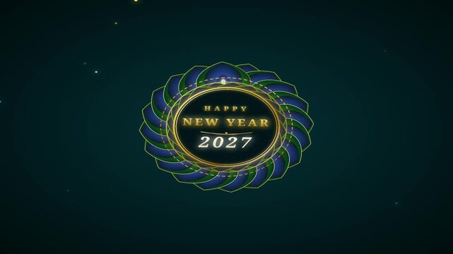 Happy new year 2027 emblem featuring a rotating circular design with deep blue and green layered patterns in an elegant motion graphic animation loop for festive holiday celebration media and digital 