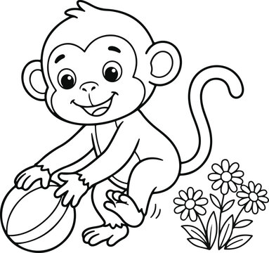Cute monkey playing with a ball in a garden with flowers, black and white line art illustration for coloring book