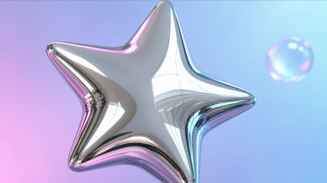 Oversized chrome star floating against pastel blue and pink background, creating futuristic dreamlike scene with reflective surface and drifting soap bubble
