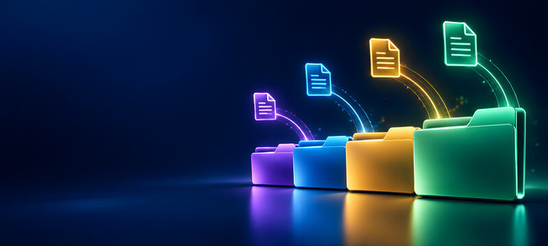 Multi-Colored Digital File Folders with Incoming Data Icons for Categorized File Organization
