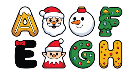 Fototapeta premium Charming alphabet letters decorated with festive elements including Santa Claus, a snowman, and a Christmas tree