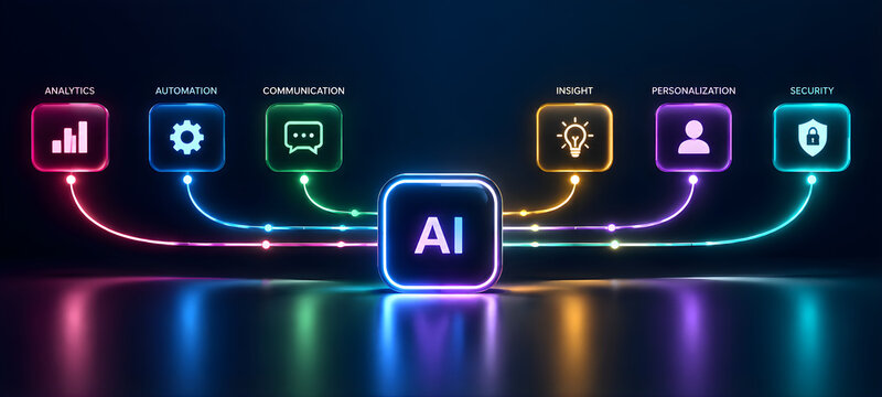 3D Render of Artificial Intelligence Hub Connected to Digital Icons for Analytics, Automation, Communication, Insight, Personalization, and Security