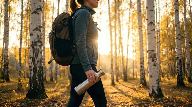 Young woman with dark hair and light skin tone, wearing casual athletic attire and backpack, jogging through golden autumn birch forest during sunrise or sunset for outdoor fitness and wellness