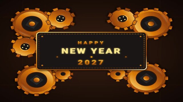Happy new year 2027 industrial concept with golden mechanical gears on a dark brown background golden cogs machine parts engineering concept steampunk style
