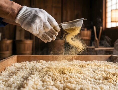 Extreme close-up and dynamic action. The hand of a master brewer, wearing a white cotton glove, performs the delicate task of Seiku. A delicate, golden cloud of Koji-kin spores (Aspergillus oryzae).