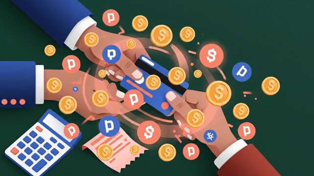 Digital credit card transaction motion video showing hands exchanging payment methods surrounded by floating financial gold coins and business calculator