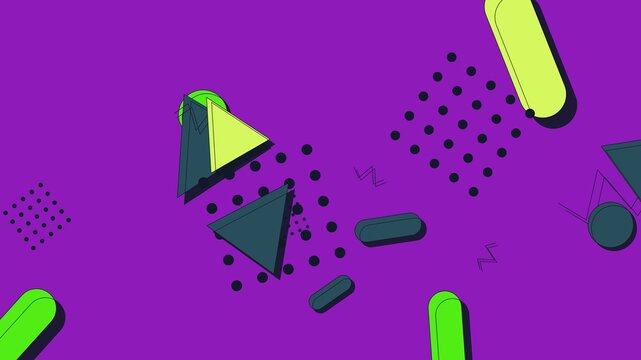 Abstract Vibrant Purple Memphis Style Geometric Background with Green Triangles and Patterned Dots