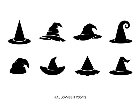 Halloween witch hat icons set, black silhouette wizard hats collection, spooky magic headwear vector illustrations for party decor