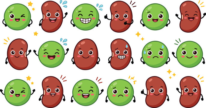 Cute Cartoon Bean Emoji Expression Character Set with Green Peas and Kidney Beans for Emotional Expressions Digital Stickers and Kids Designs