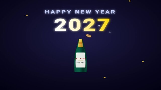 Champagne bottle animation popping for happy new year 2027 celebration featuring golden flying confetti against a dark blue background creating a festive motion footage graphic design element for holi