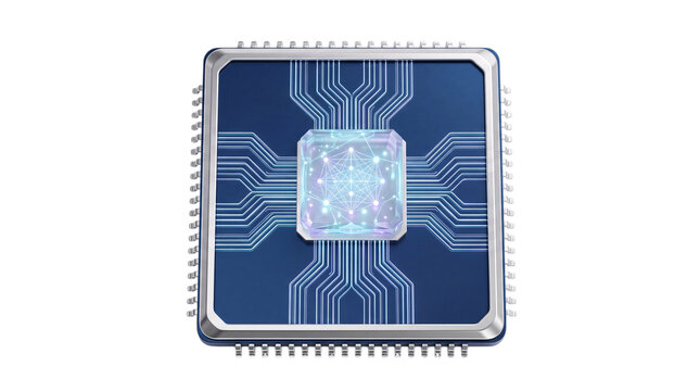 Blue circuit board microchip with glowing png solated on transparent background