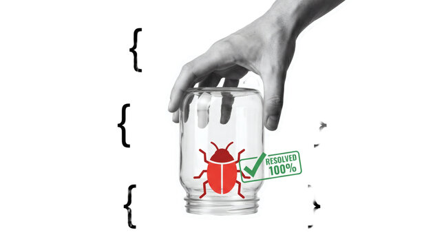Grayscale hand trapping a red software bug beneath a clear drinking glass beside code brackets and a green verification stamp for technology presentations, isolated on a transparent background.