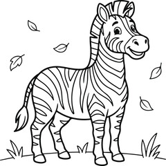 Obraz premium Cute zebra standing in a field with falling leaves, black and white line art illustration for coloring book