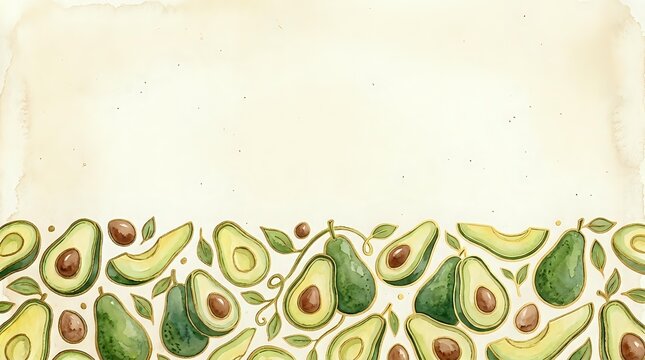 Seamless pattern of sliced and whole avocados with pits on cream background, tiles into continuous design for wallpaper, fabric, and packaging applications