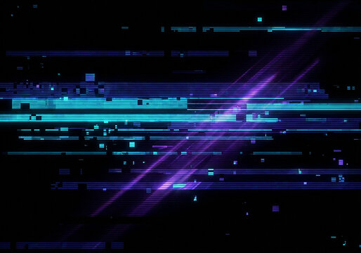 Digital glitch art background with neon blue and purple light streaks on black texture