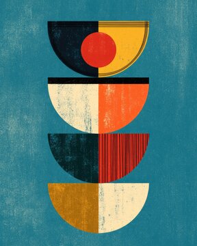 Abstract geometric stacking of semicircles in bold, contrasting colors