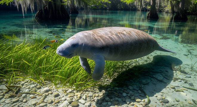 West Indian manatee swimming in the clear shallow water of a Florida spring with aquatic vegetation
