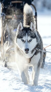 Siberian husky sled dog with gray and white coat running through snow, pulling sled in winter landscape