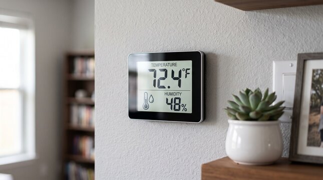 Digital Thermometer Hygrometer Displays Temperature 72.4&deg;F and Humidity 48% on Textured Wall