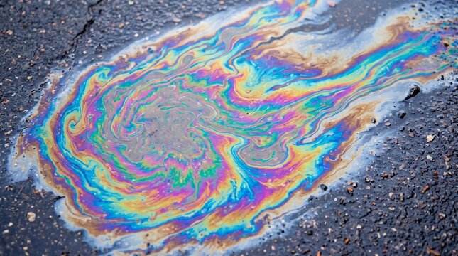 Iridescent oil slick on wet asphalt, colorful fuel spill on dark road surface, rainbow gasoline puddle texture for environmental concepts