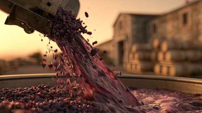 Grapes poured into vat, liquid splashing, farm buildings and barrels background