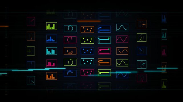 Futuristic digital HUD dashboard interface with colorful glowing data graphs and chart elements