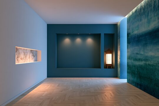 Contemporary room interior featuring a deep blue wall with recessed niches, warm lantern lighting, and light wood herringbone floor