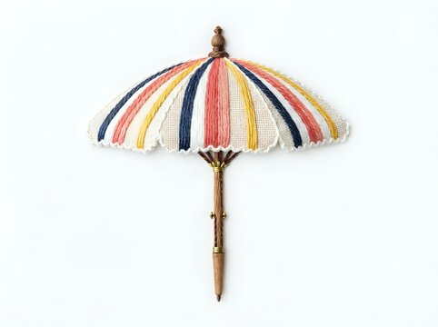 Vintage striped parasol with multicolored fabric panels in red, navy, yellow and cream