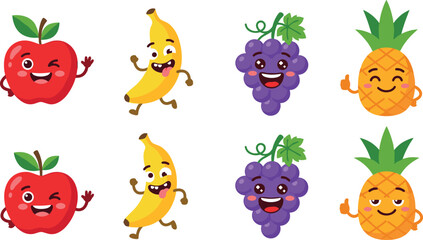 Obraz premium Cute Fruit Cartoon Character Vector Set with Happy Facial Expressions Including Smiling Apple, Funny Banana, Cheerful Grapes, and Friendly Pineapple,