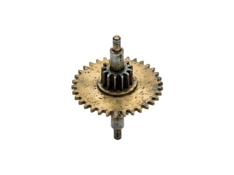 Brass gear with dual shafts and worn patina finish