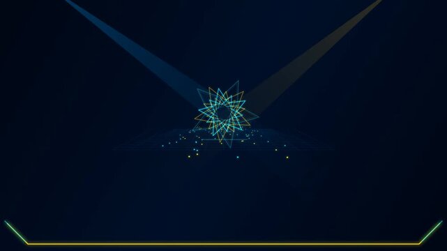 Futuristic neon spirograph star spinning on tech grid with glowing spotlights and floating particles