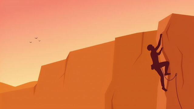 Vector illustration of a silhouette of a rock climber scaling a steep vertical mountain cliff face during sunset