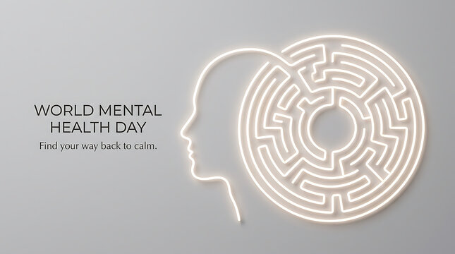 Mental health day concept with human head silhouette and intricate brain maze
