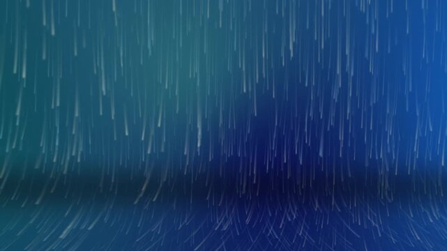 Deep blue studio background loop featuring falling light rain streaks and reflective curve floor stage for virtual presentation backdrops, music visualizers, award shows, and motion graphic overlays.