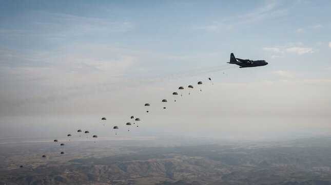 Military transport plane dropping paratroopers over arid landscape, aerial view, airborne operation